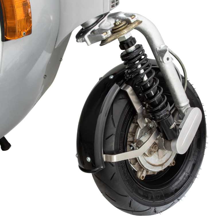 Spatbord 2.0 Garelli voor Vespa PX 80-200ccm, metaal zwart glanzend, beugel roestvrij staal geborsteld