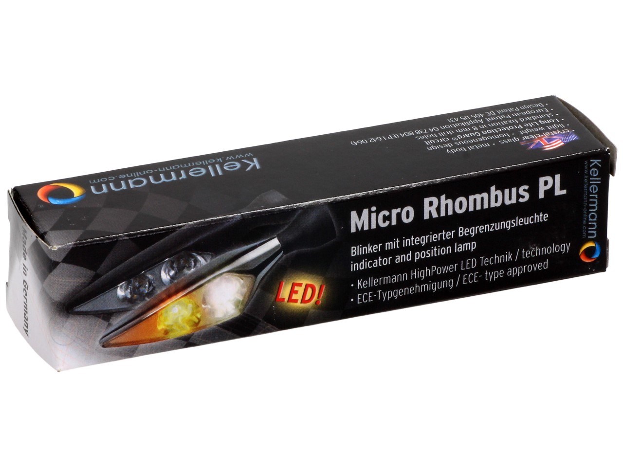 Kellermann-knipperlicht, Rhombus PL, staal, LED, linksvoor, 12 V, zwart gesatineerd, E-keurmerk