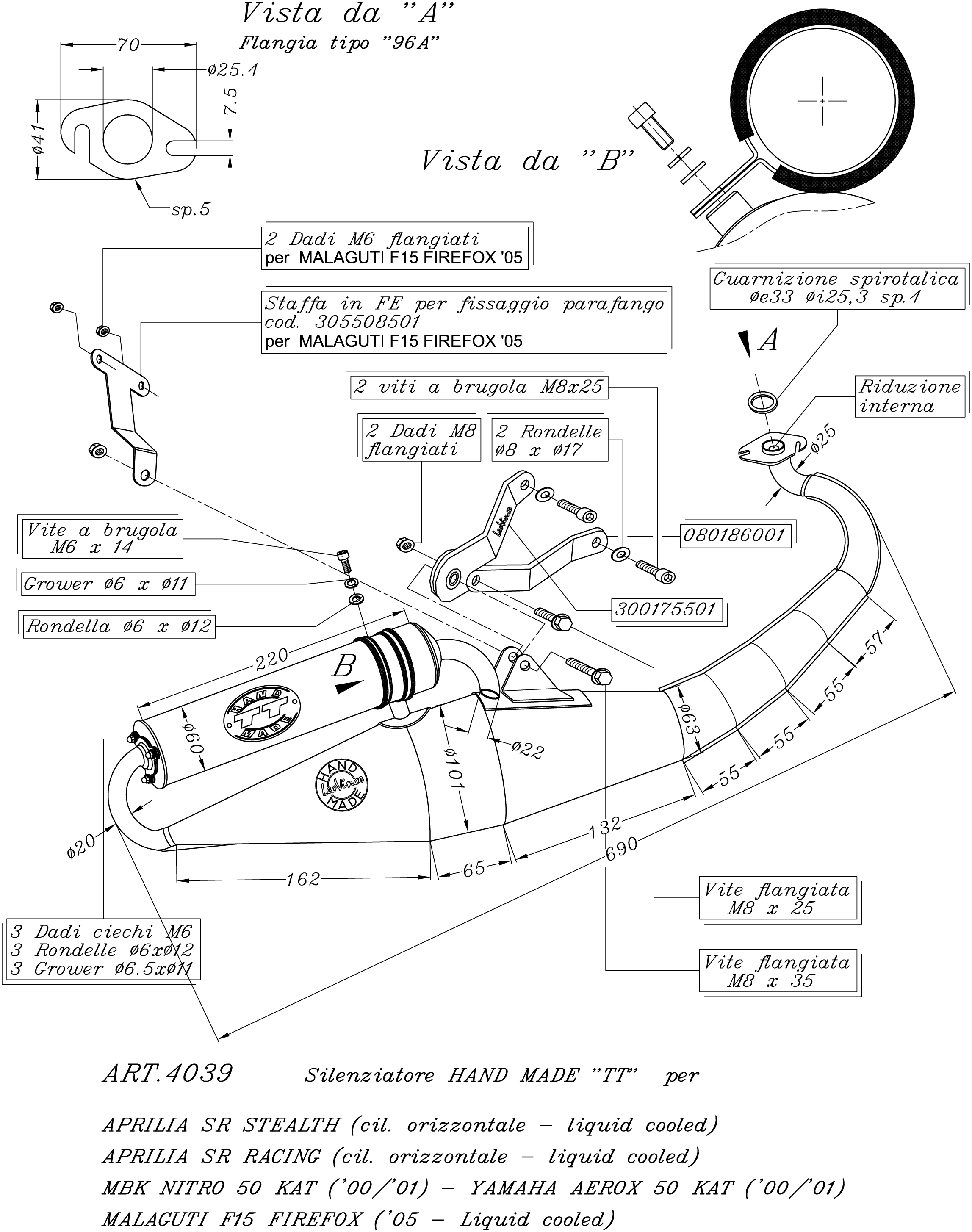 LeoVince Uitlaatsysteem handgemaakt TT, staal, volledig systeem voor Yamaha Aerox 50 Kat (Bj.00-01)