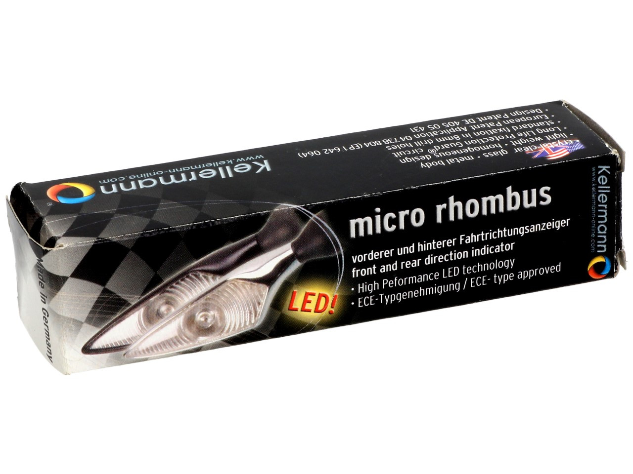 Kellermann indicator, ruit, staal, LED, VL/HR, 12 V, glanzend chroom, M8x20, E-goedgekeurd