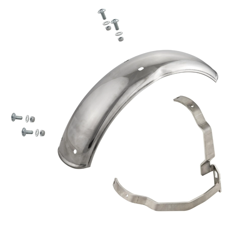 Spatbord 2.0 Garelli voor Vespa PX 80-200ccm, gepolijst roestvrij staal, houder roestvrij staal