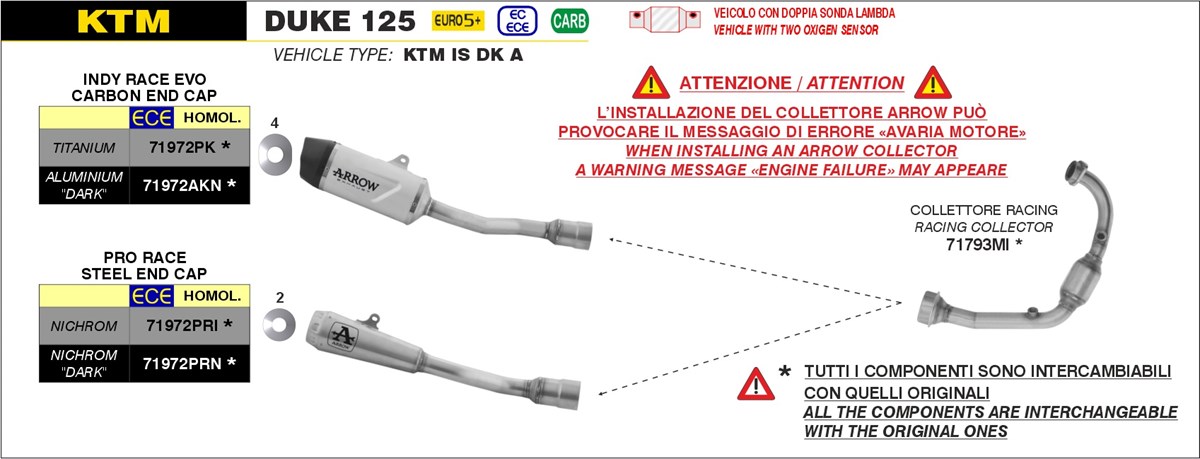 ARROW Racing spruitstuk zonder katalysator voor KTM Duke 125 (24-) /125 Enduro R (25-) /125 SMC R (25-)