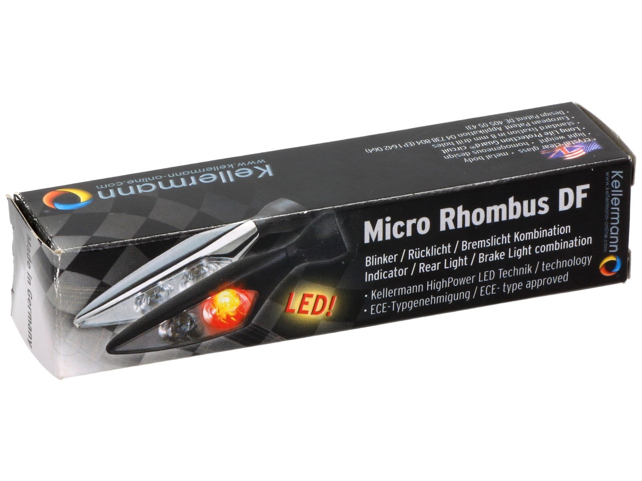 Kellermann knipperlicht, achter- en remlicht, Rhombus DF, staal, LED, HR, 12 V, glanzend chroom, M8x20