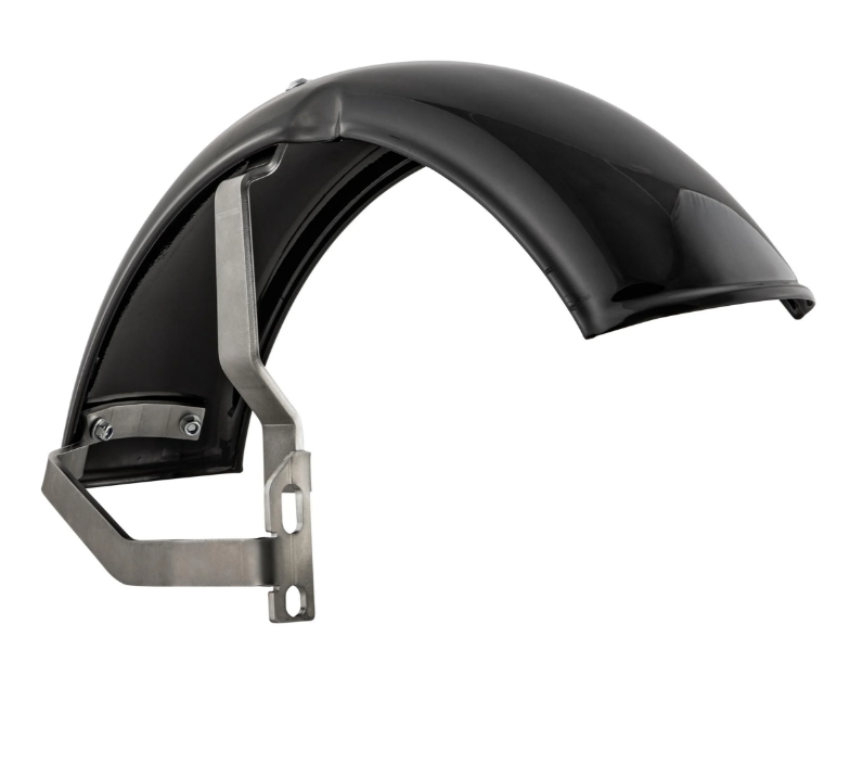 Spatbord 2.0 Garelli voor Vespa PX 80-200ccm, metaal zwart glanzend, beugel roestvrij staal geborsteld
