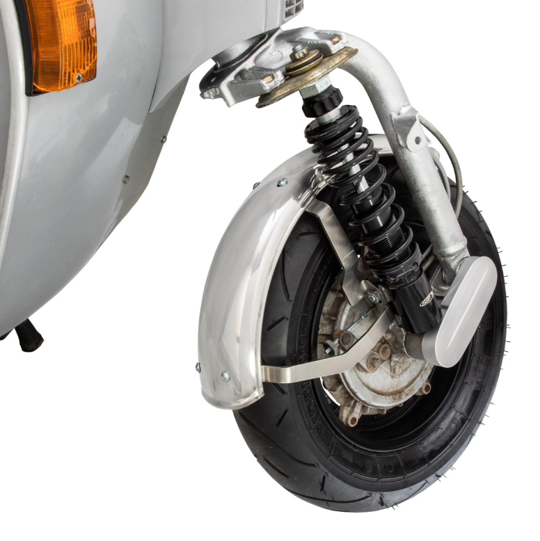 Spatbord 2.0 Garelli voor Vespa PX 80-200ccm, gepolijst roestvrij staal, houder roestvrij staal