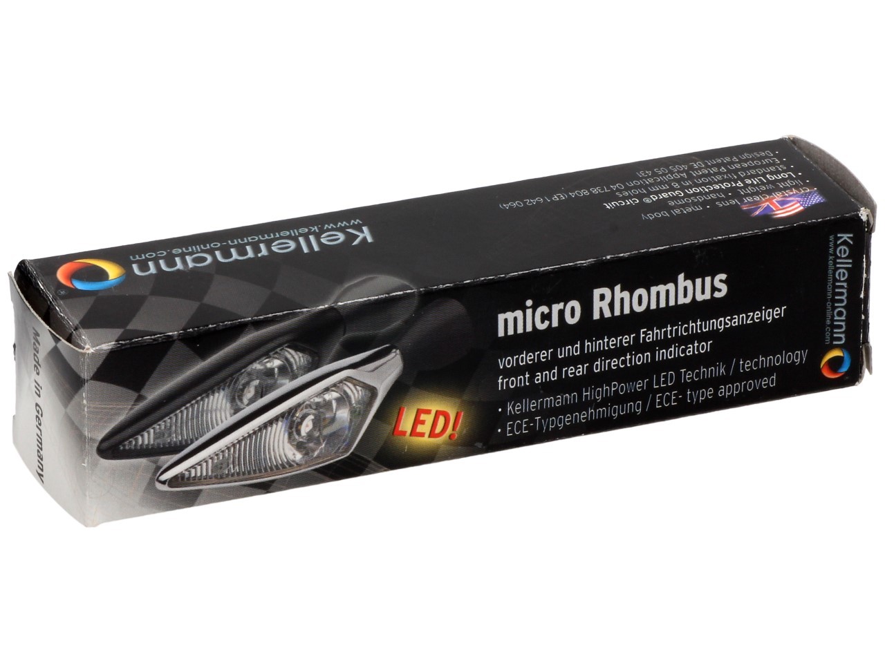Kellermann-indicator, ruit, staal, LED, VL/HR, 12 V, zwart gesatineerd, M8x20, E-keurmerk