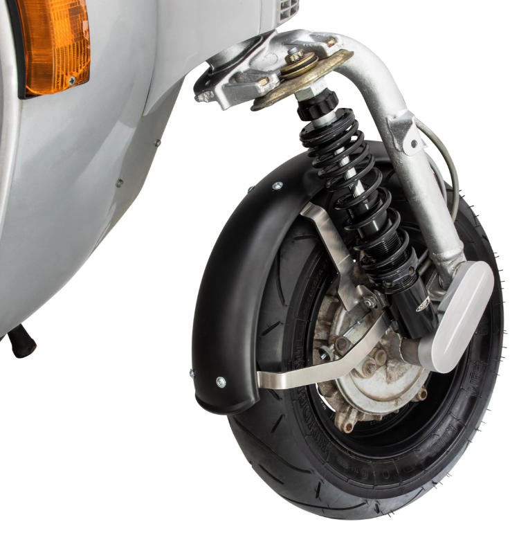 Spatbord 2.0 Garelli voor Vespa PX 80-200ccm, metaal zwart mat, beugel roestvrij staal geborsteld