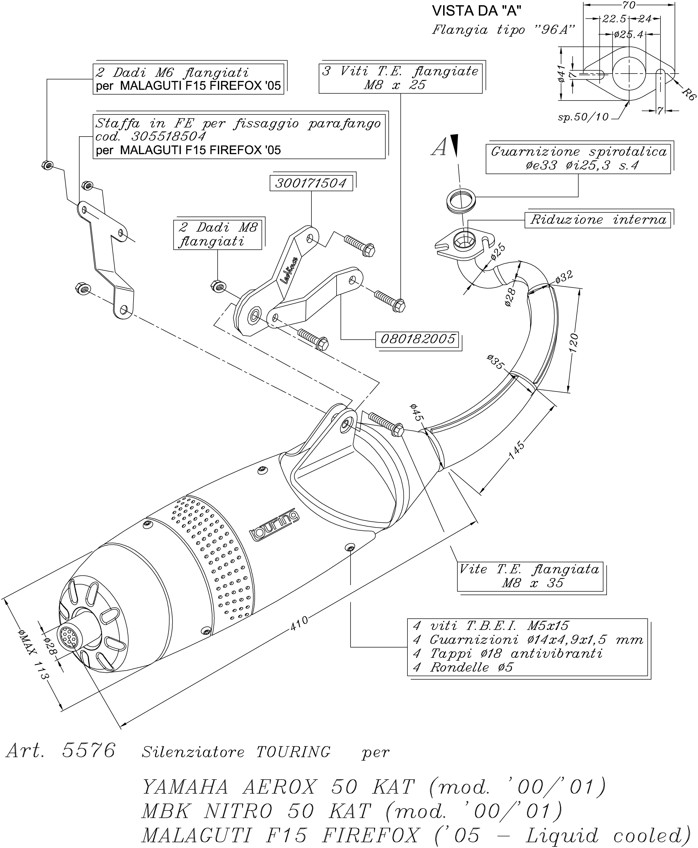 LeoVince uitlaatsysteem Touring, staal voor Yamaha Aerox 50 Kat (Bj.00-01)