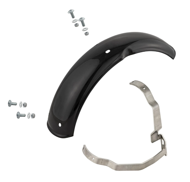 Spatbord 2.0 Garelli voor Vespa PX 80-200ccm, metaal zwart glanzend, beugel roestvrij staal geborsteld