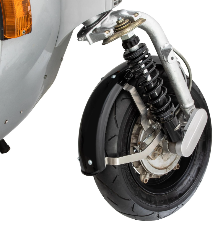 Spatbord 2.0 Garelli EVO II voor Vespa PX 80-200ccm, GFK zwart, beugel roestvrij staal geborsteld