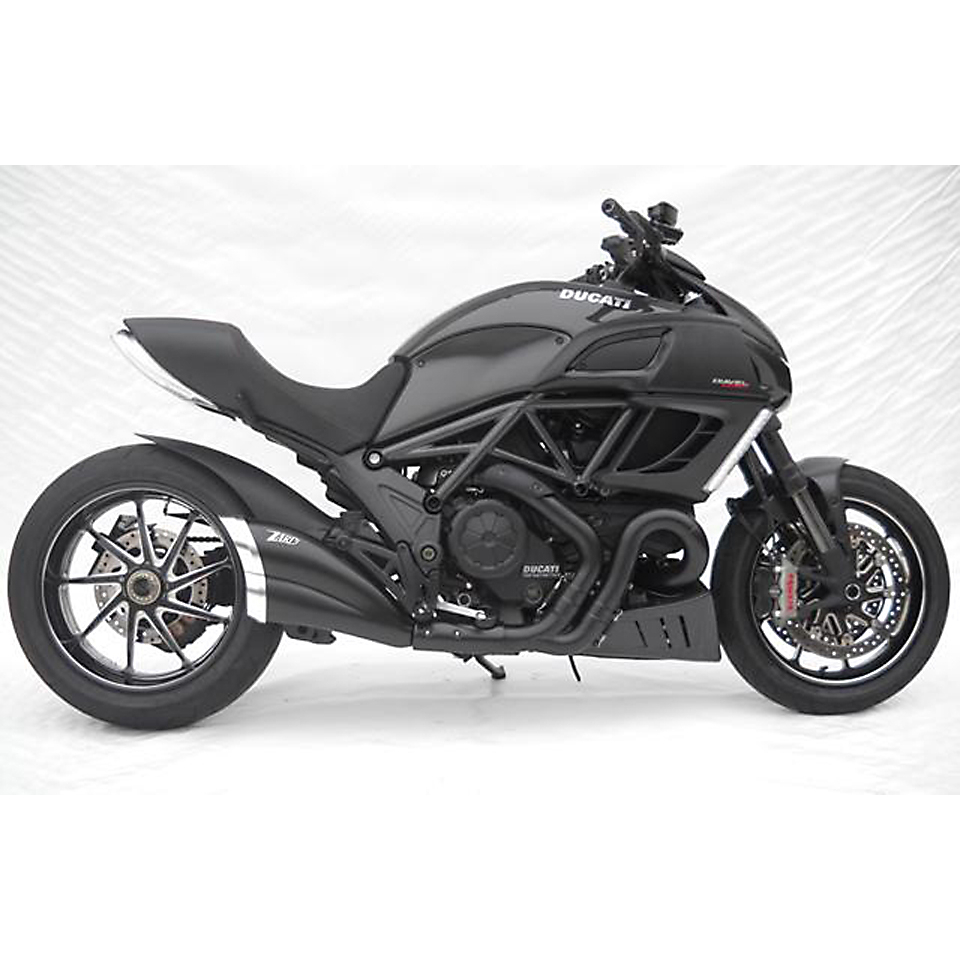 ZARD achterdemper Ducati Diavel, roestvrij staal zwart, eindkap zilver, slip on, cat, E-goedgekeurd