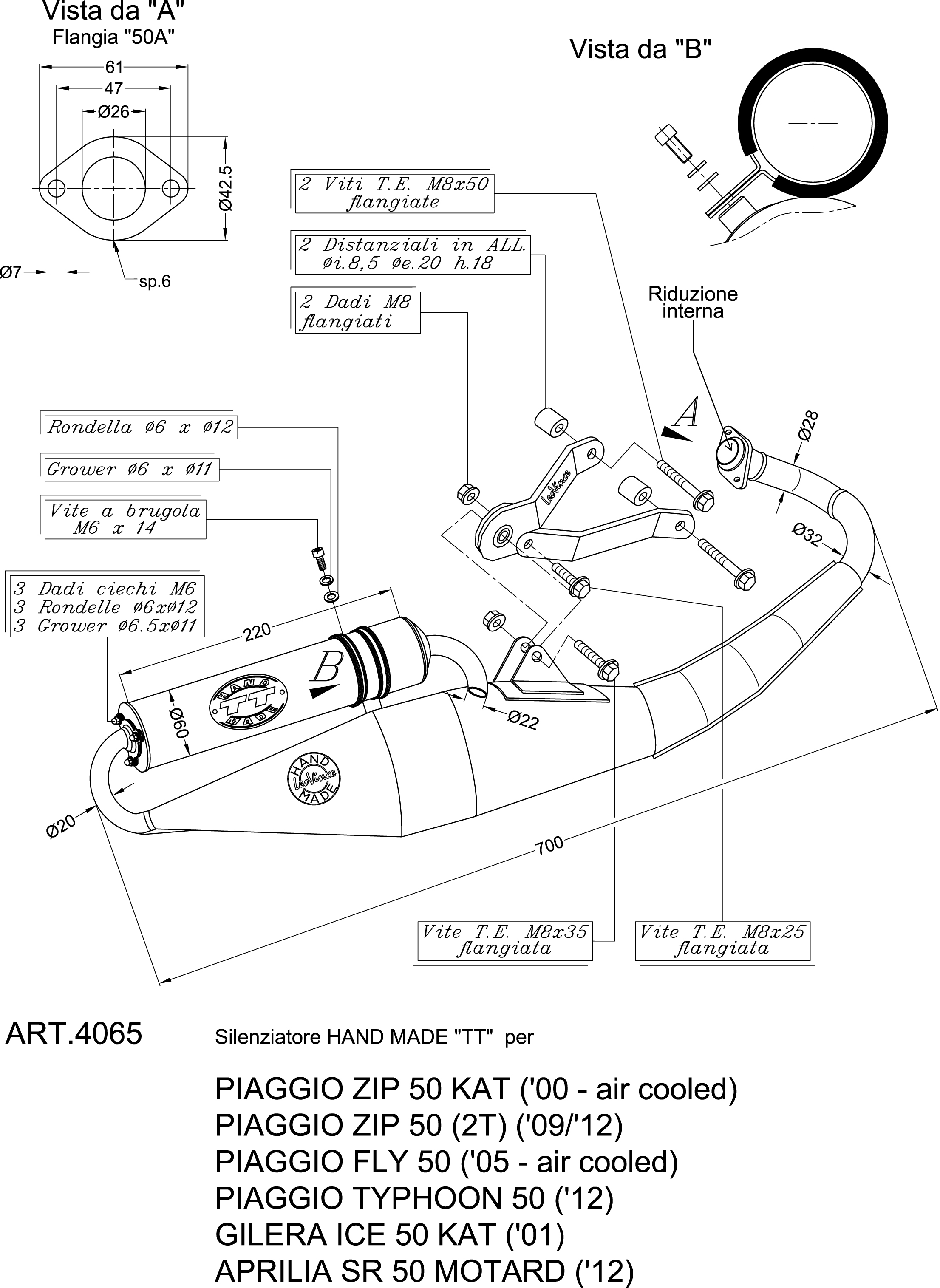 LeoVince Uitlaatsysteem Hand Made TT, Staal, Volledig Systeem voor Aprilia / Piaggio