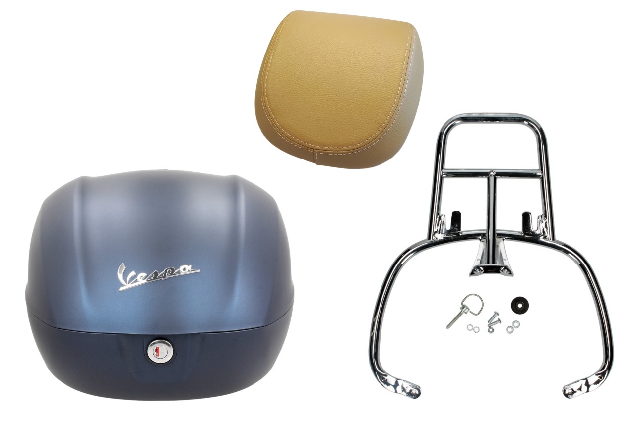 Kofferset 32L blauw mat (282/A), rugkussen beige voor Vespa Primavera