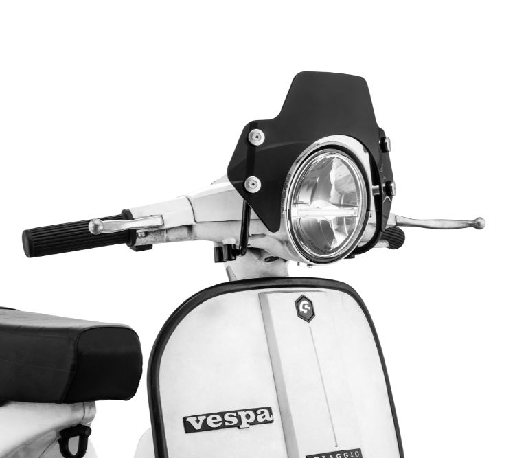 Flyscreen voor Vespa PX 80-200ccm, zwarte houders, zwart getint