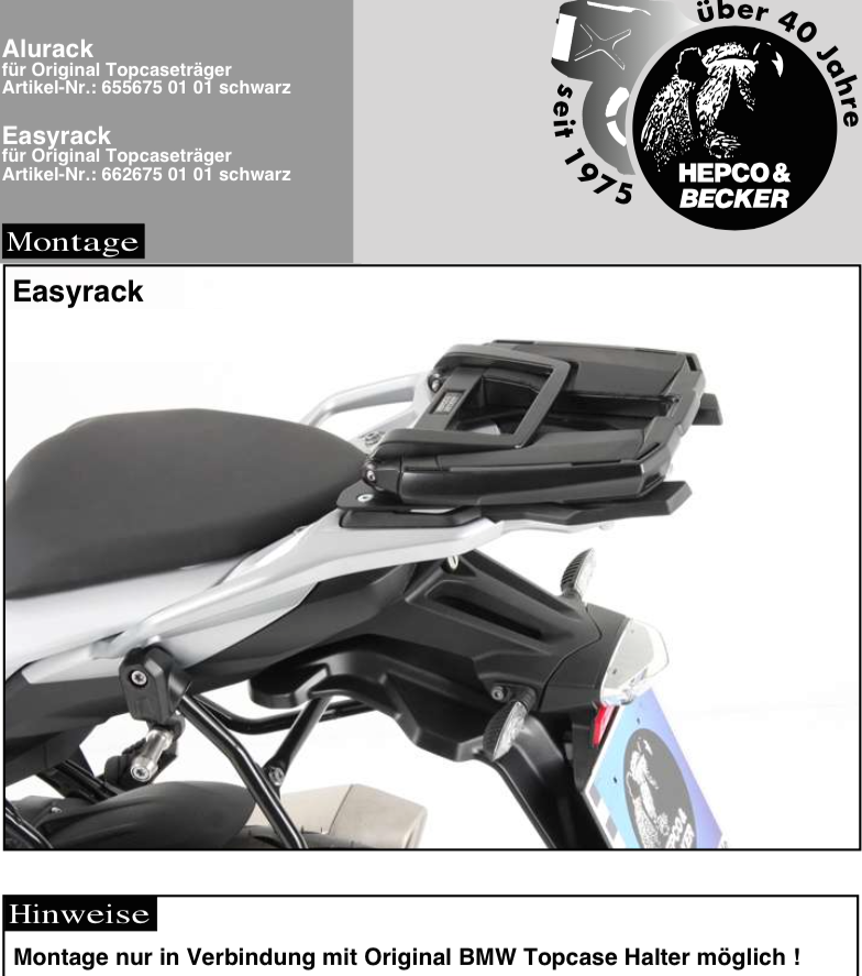 Easyrack topkoffer drager voor combinatie met originele BMW topkoffer drager voor BMW S 1000 XR (15-19)