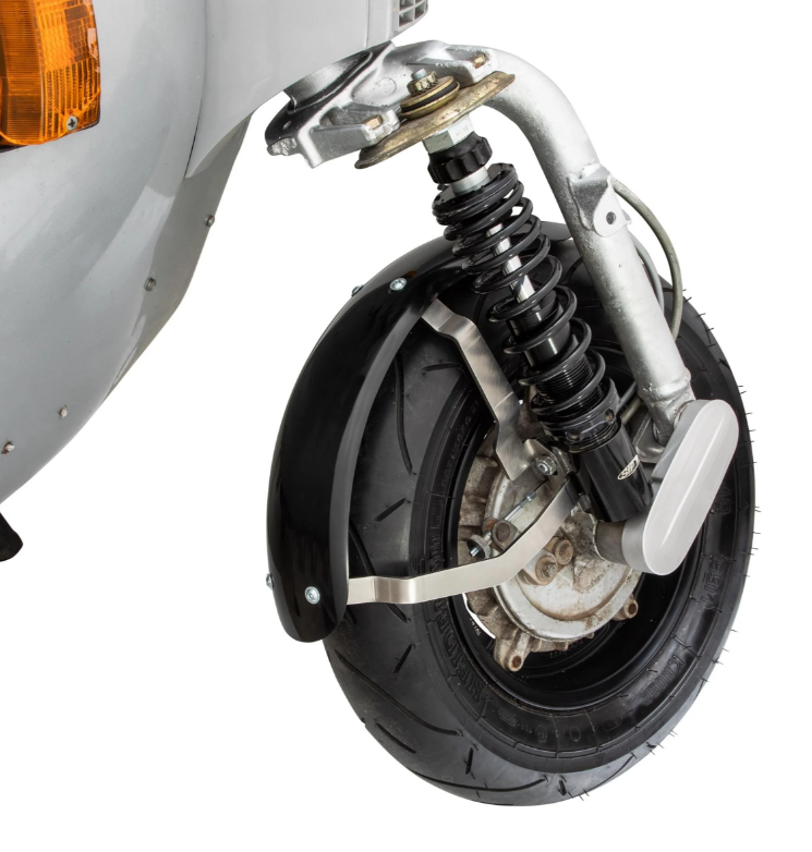 Spatbord 2.0 Garelli Race EVO II voor Vespa PX 80-200ccm, GFK zwart, beugel roestvrij staal geborsteld