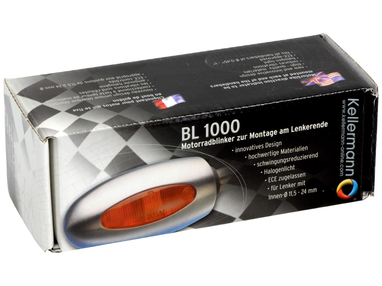 Kellermann aanwijzer, BL 1000 geel, messing, halogeen, VR/VL, 12 V, 21 W, zwart satijnglanzend