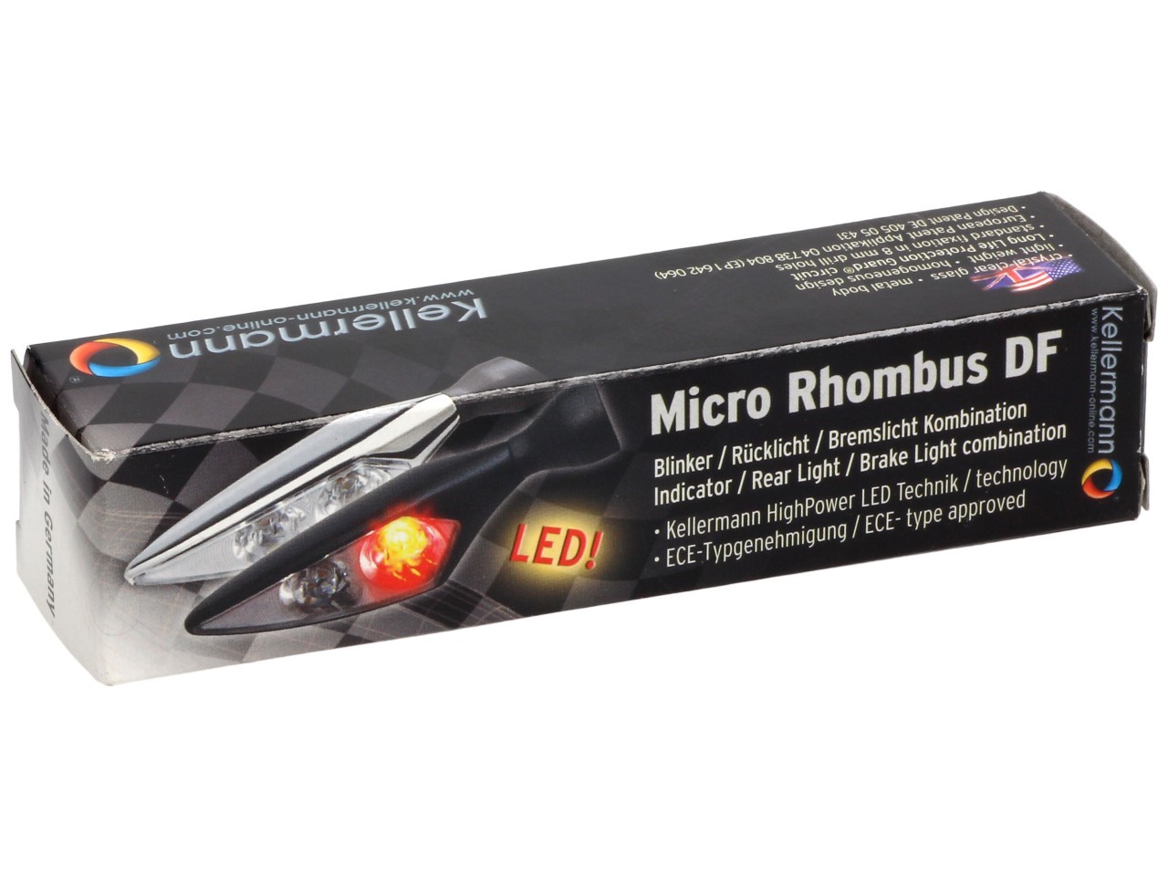 Kellermann knipperlicht, achter- en remlicht, Rhombus DF, staal, LED, HR, 12 V, mat chroom, M8x20