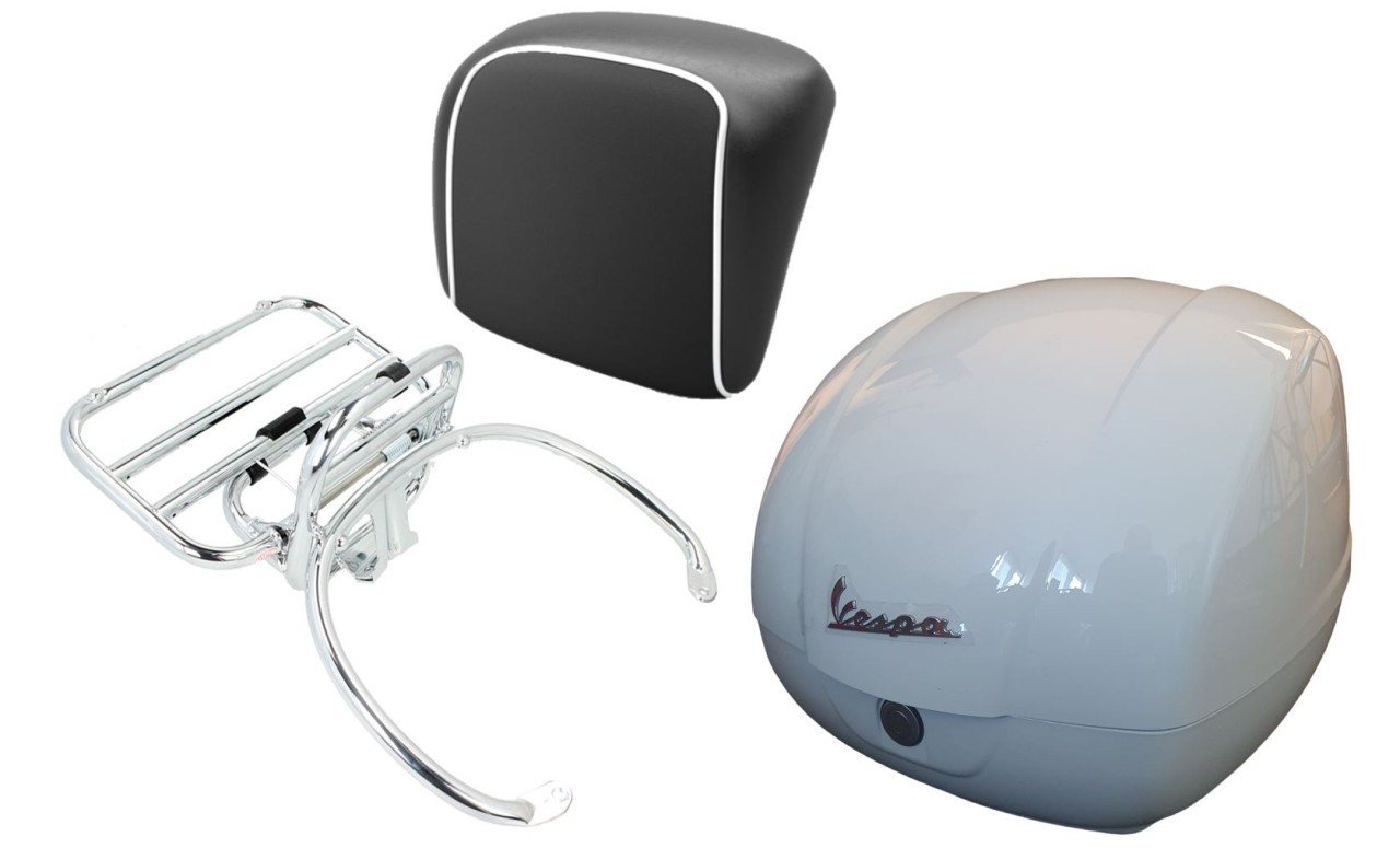 Topkofferset 36L wit (B04), bagagerek chroom voor Vespa GTS 125/300/310