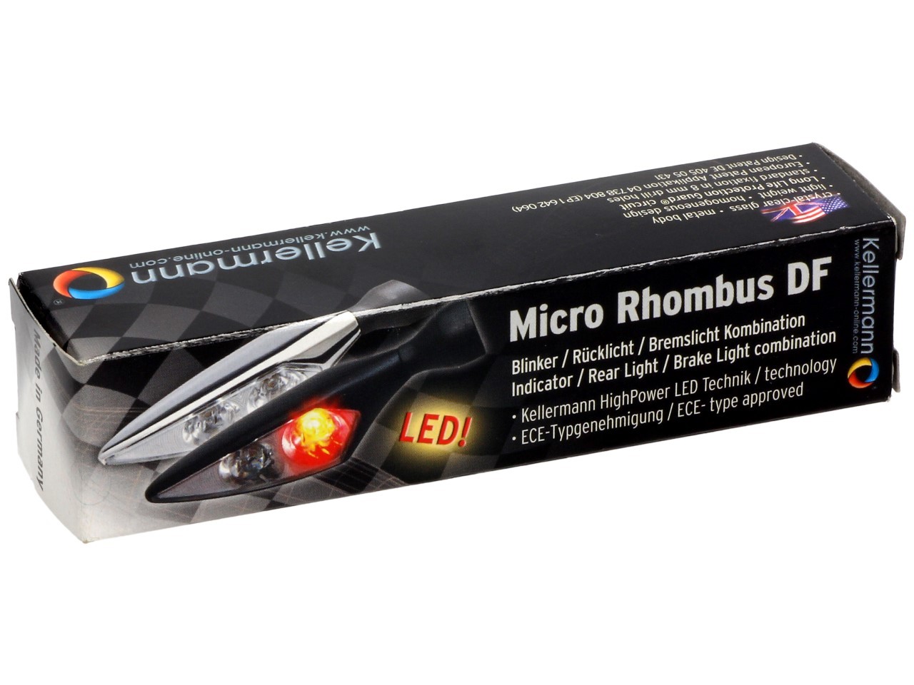 Kellermann knipperlicht, achter- en remlicht, Rhombus DF, staal, LED, HL, 12 V, glanzend chroom, M8x20